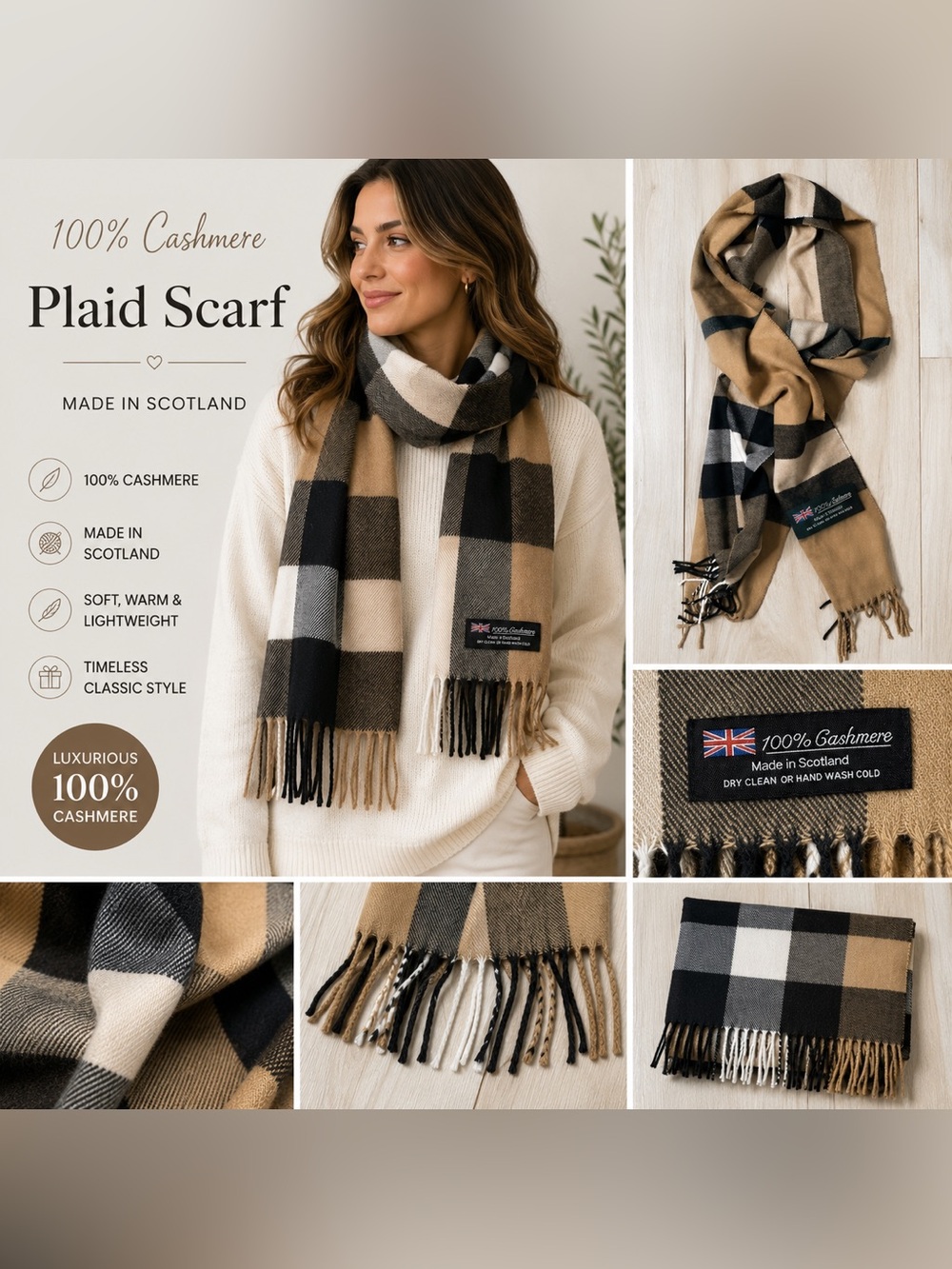 100% Cashmere Scarf Made in Scotland Plaid Check Tan Black White Fringed